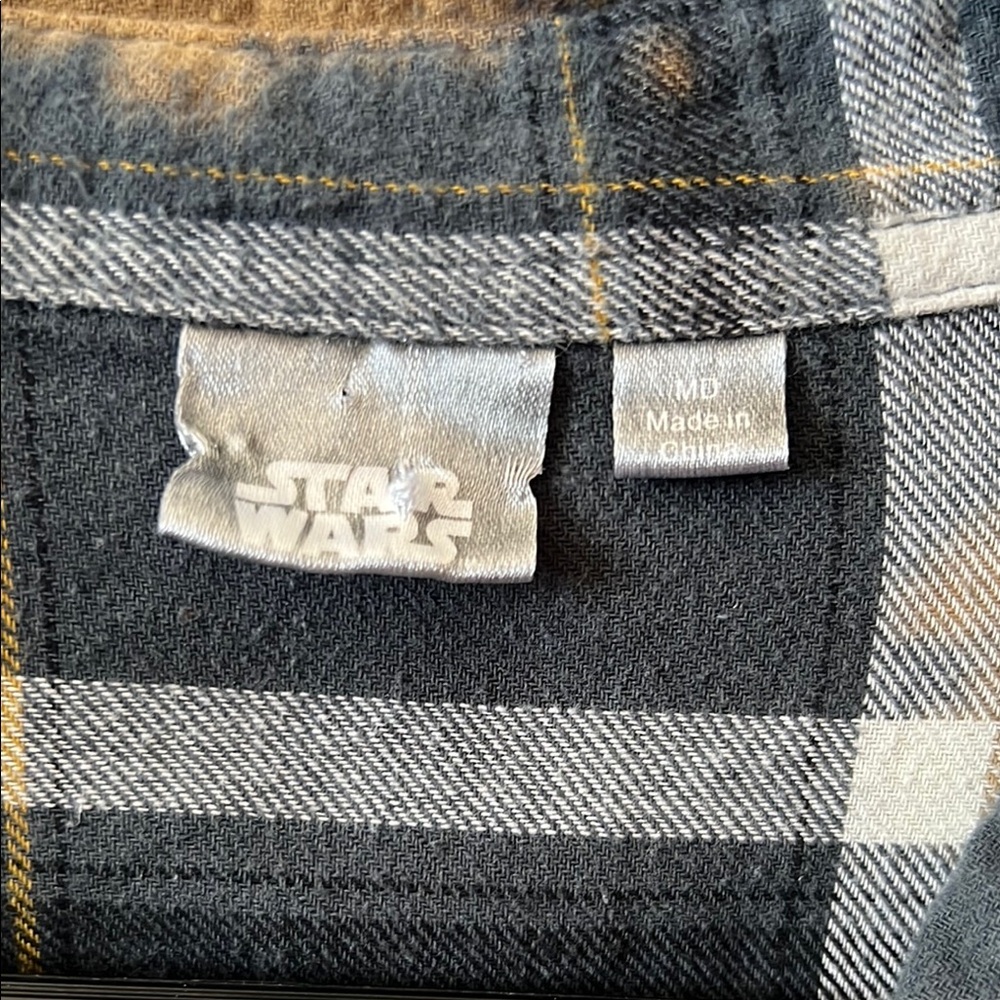 Baby Yoda on back. Black and Orange tie die plaid Button-Up Shirt Medium.EUC - Picture 3 of 3
